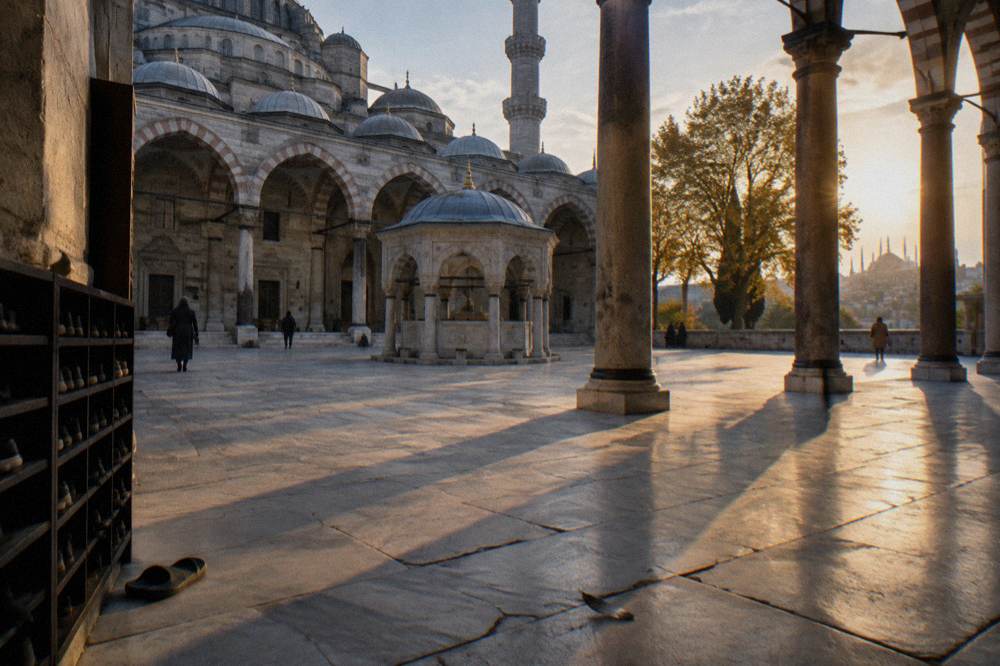Courtyard of Suleymaniye Mosque in Istanbul under late afternoon light