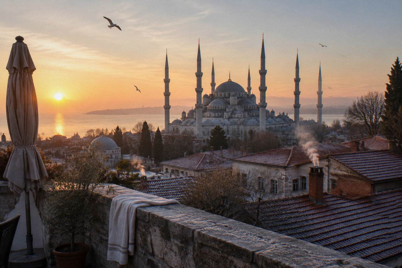 Morning light over the domes and minarets of Sultanahmet in Istanbul's Old City