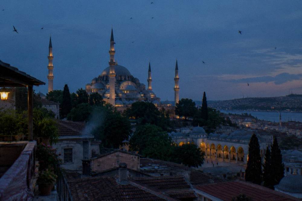 Evening light on the domes and minarets of Istanbul's historic skyline