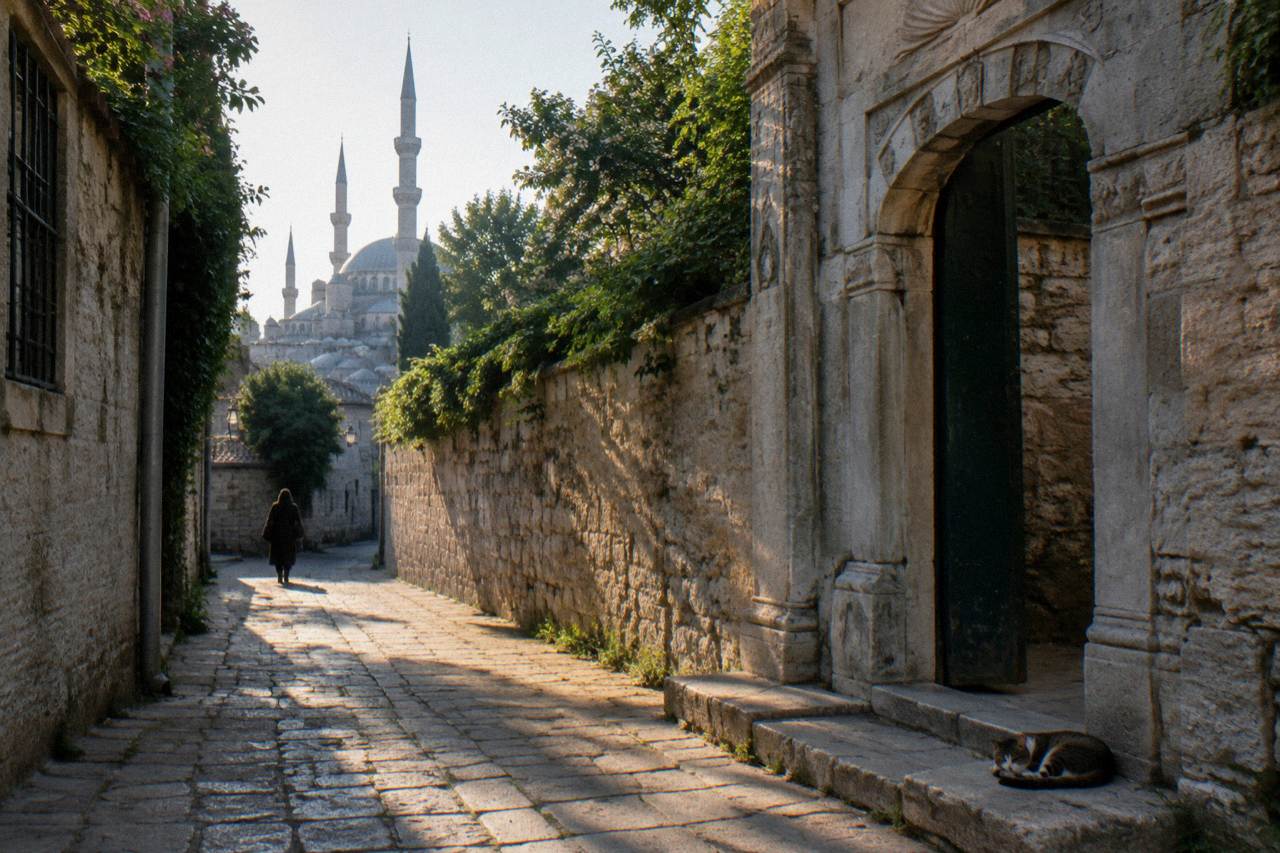 Narrow street in Istanbul's Sultanahmet district with historic stone buildings