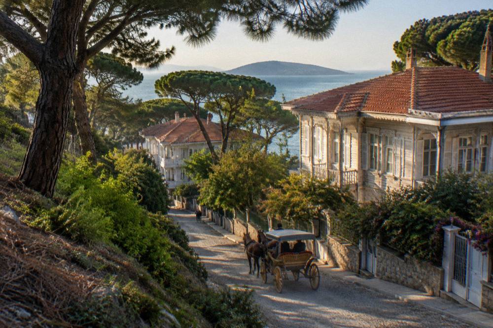 Pine-covered hillside and wooden mansions above a quiet island street
