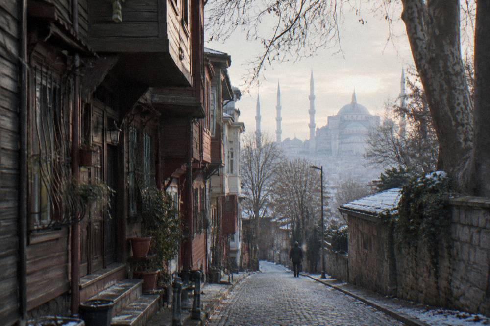 The exterior of a large Istanbul mosque with domes and minarets seen from a cobbled street