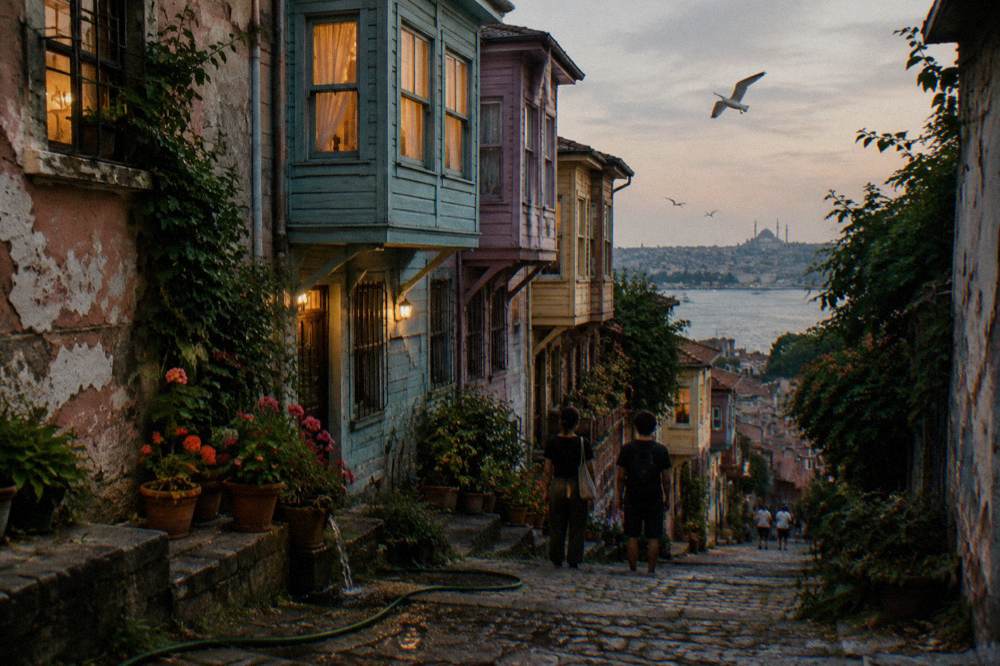 Walkers pausing on a narrow Balat street lined with colourful old wooden houses