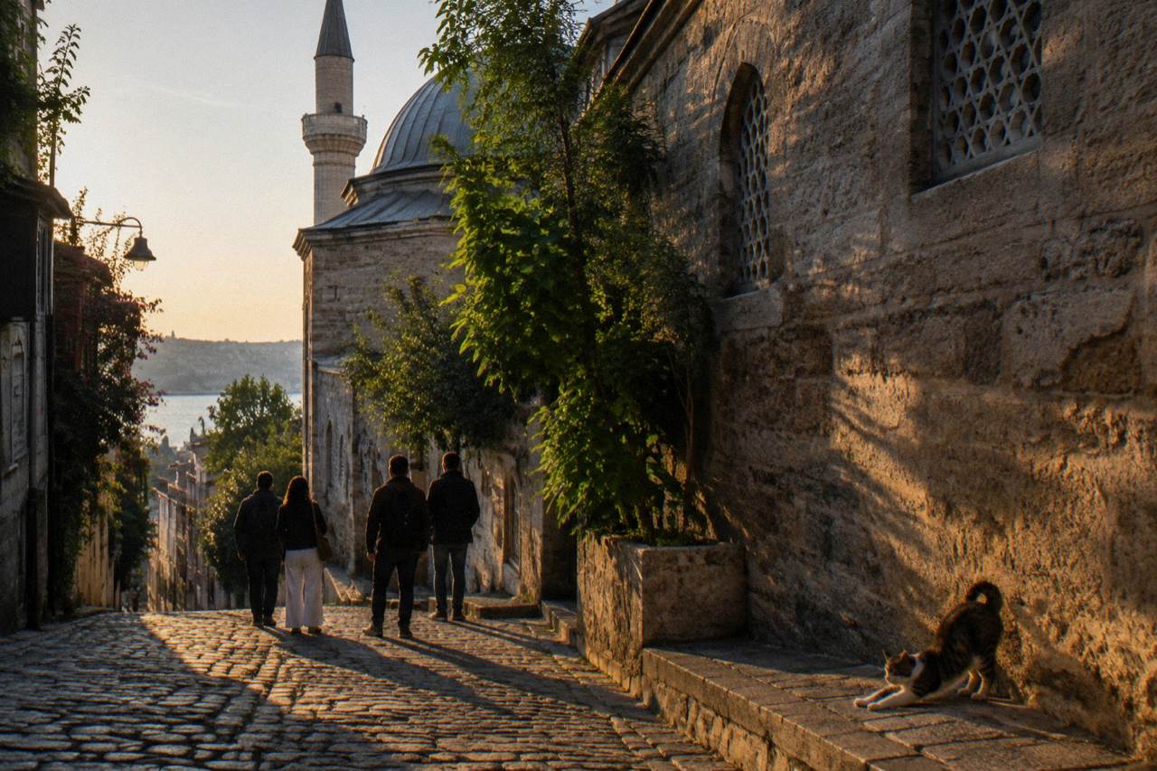 A small group of walkers standing on a cobbled Istanbul street beside an old stone mosque wall
