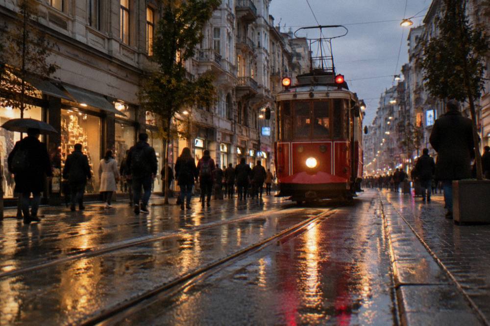 A red vintage tram travelling along crowded pedestrian street rails between tall historic buildings