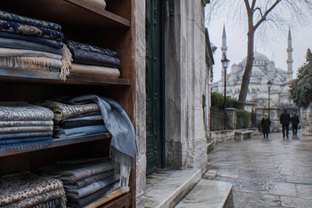 Rows of folded fabric wraps and headscarves on a shelf near a mosque entrance