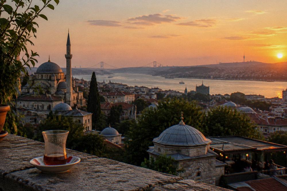 Panoramic view over the Bosphorus strait with bridges and distant hills in soft light