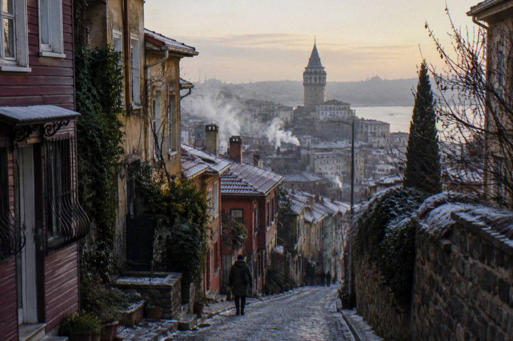 Galata Tower rising above rooftops at the end of a sloping street
