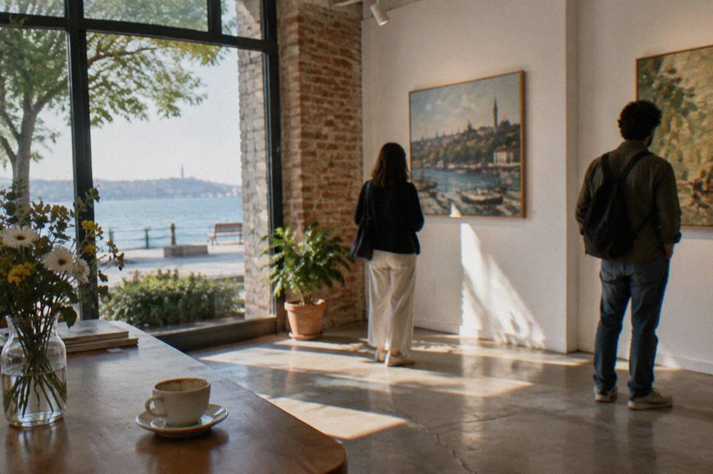 Sunlit interior of a free art gallery in Istanbul with visitors looking at displays