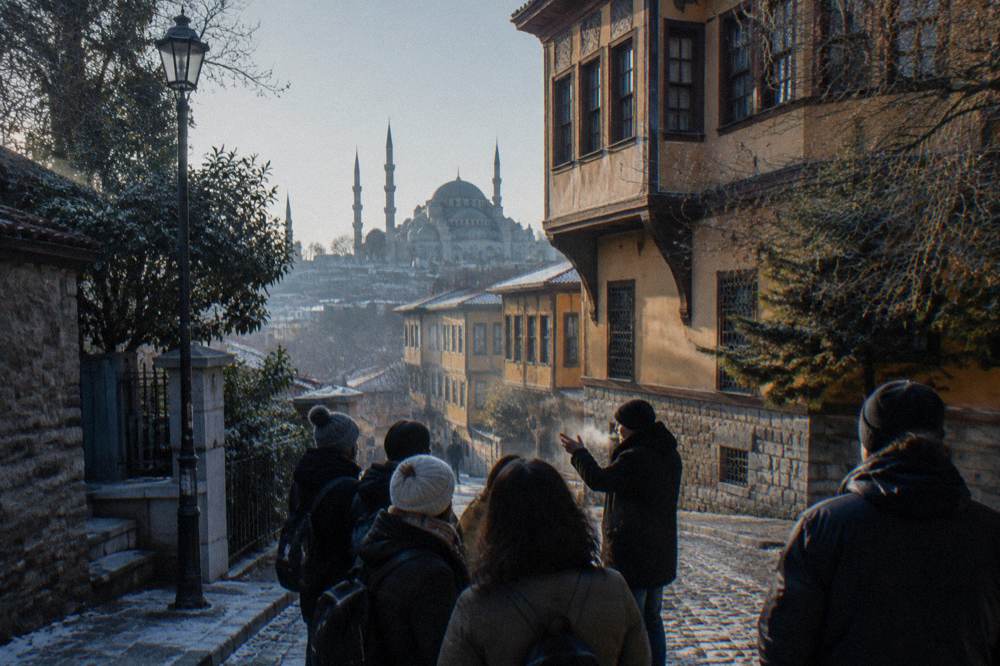 Guided walking group gathered on a historic Istanbul street corner