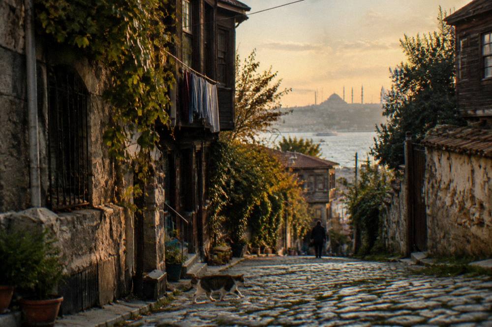 Cobblestone old town street in Istanbul with historic apartment facades