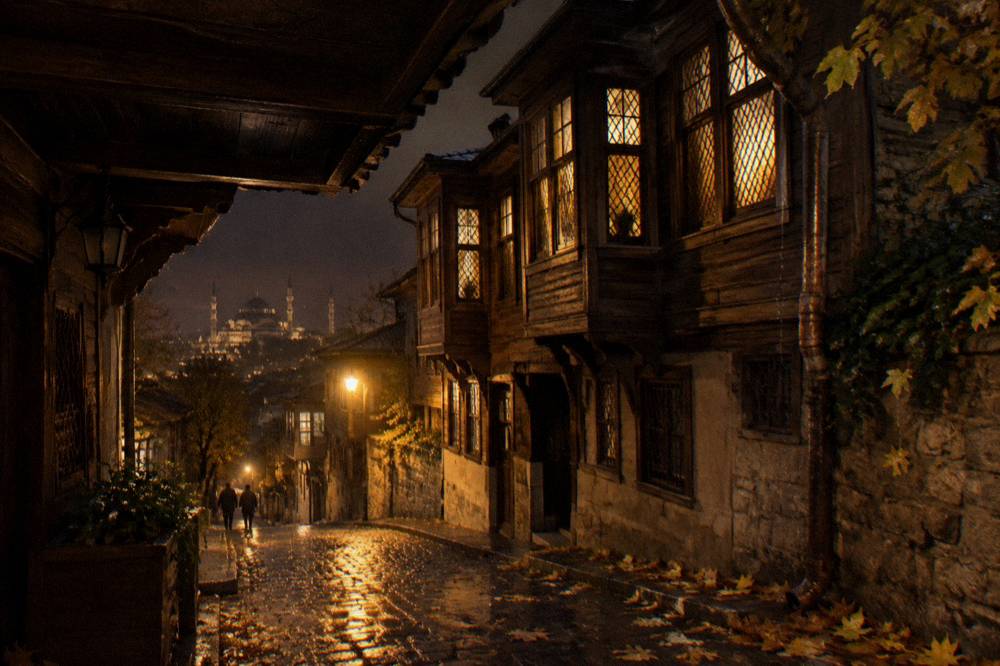 Narrow lamplit stone street in the old city of Istanbul with Ottoman-era wooden houses