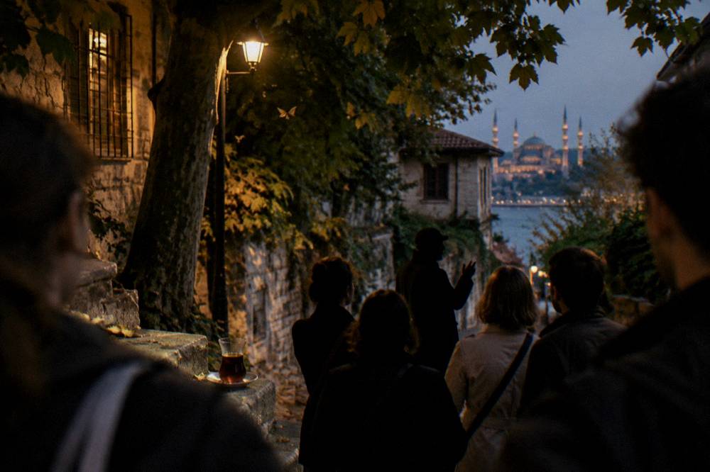 A small group of walkers listening to a guide in a lamplit square in Istanbul at night