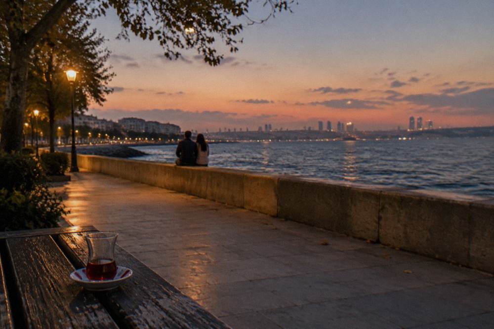 Waterfront promenade at dusk with a city skyline across the water