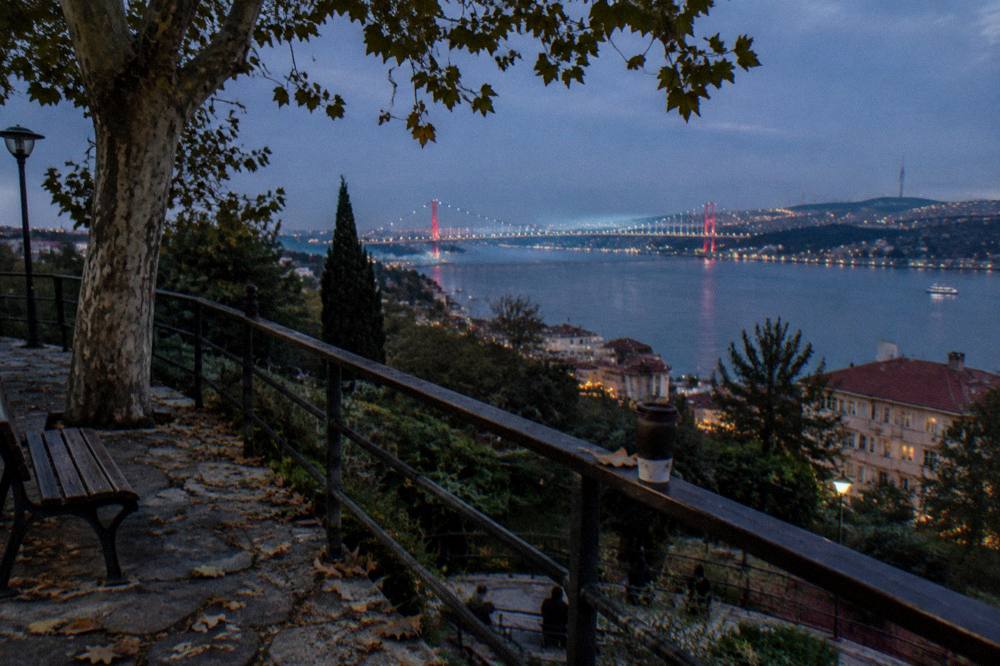 Elevated park terrace with a wide view over city waterways and bridges at dusk