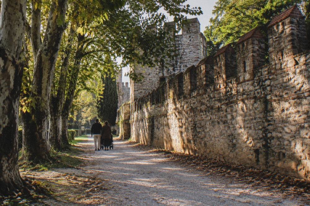 A tree-lined park path with the walls of an old palace rising behind it in late afternoon light