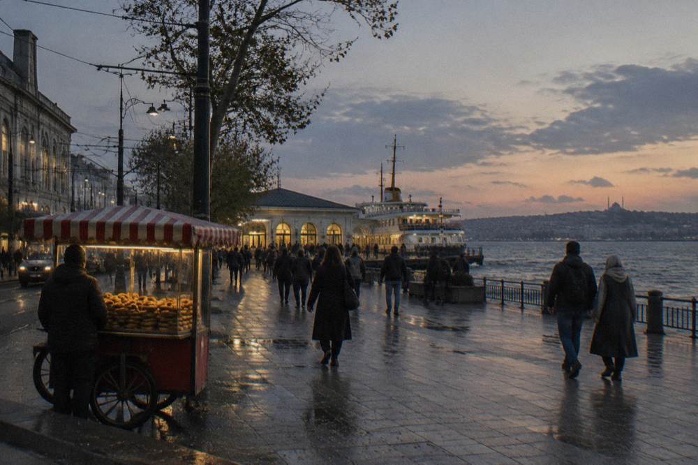 Busy waterside square with a ferry terminal and people walking at dusk