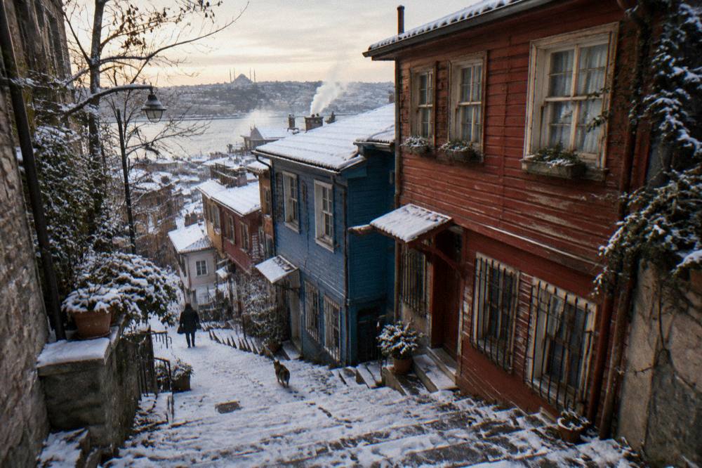 Colourful old wooden houses on a sloping street in the Fener and Balat district