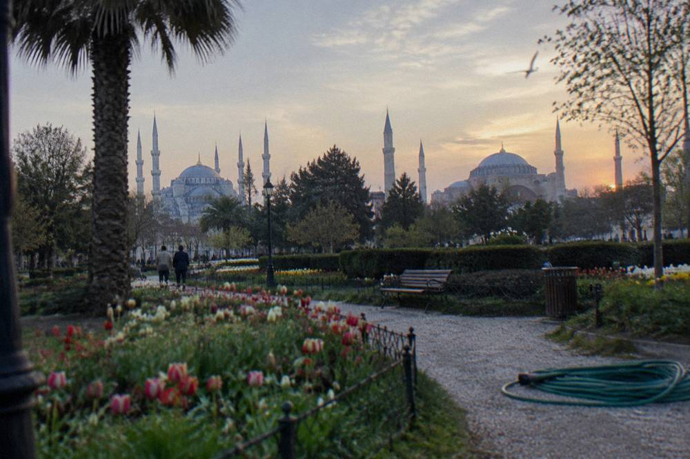 Hagia Sophia and the Sultanahmet skyline with the Blue Mosque minarets seen across the square