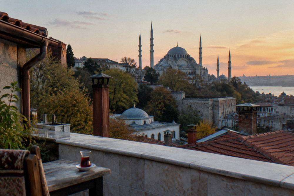 Dome and minarets of Suleymaniye Mosque seen from a rooftop terrace