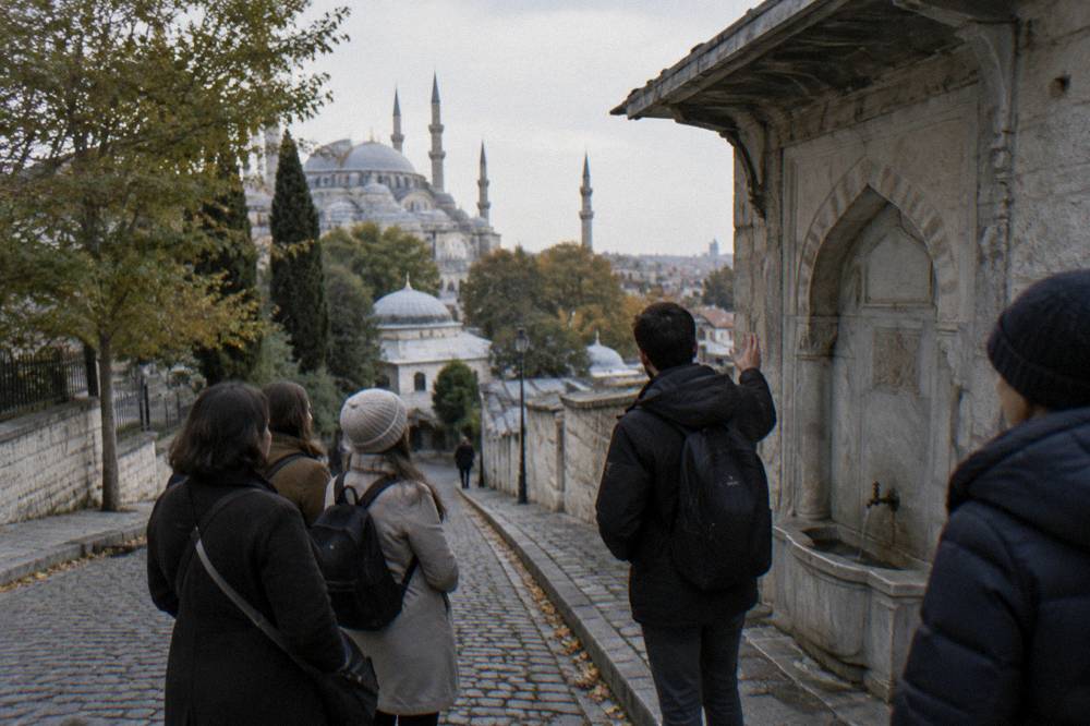 Group of walkers with a guide on a cobbled street near Suleymaniye