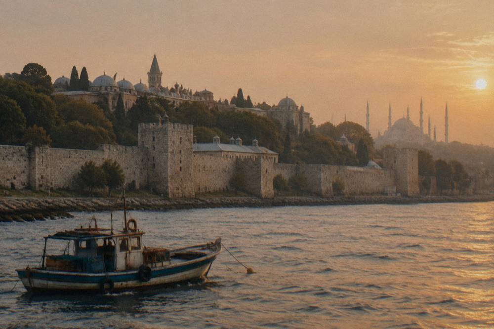 Historic peninsula skyline seen from the water with palace walls and domes along the shoreline