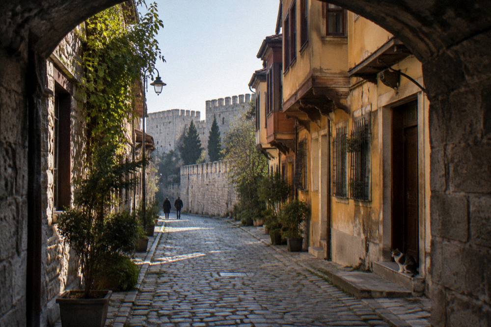 Narrow cobbled street in the old city with stone buildings and the palace walls at the end of the lane
